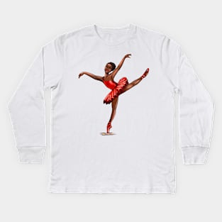 Ballet in red pointe shoes 4 - ballerina doing pirouette in red tutu and red shoes  - brown skin ballerina Kids Long Sleeve T-Shirt